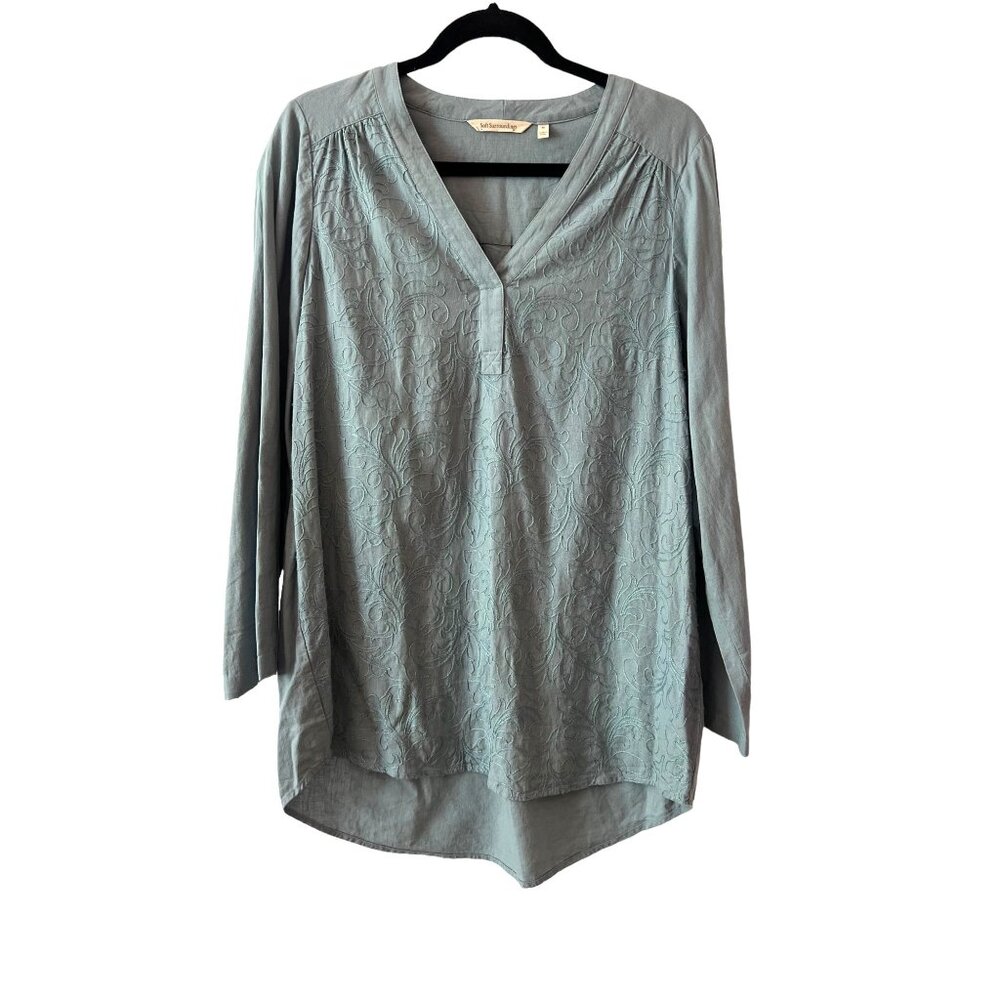 Soft Surroundings Tunic Blue Embroidered Long Sleeve Roll Tab Linen Blend